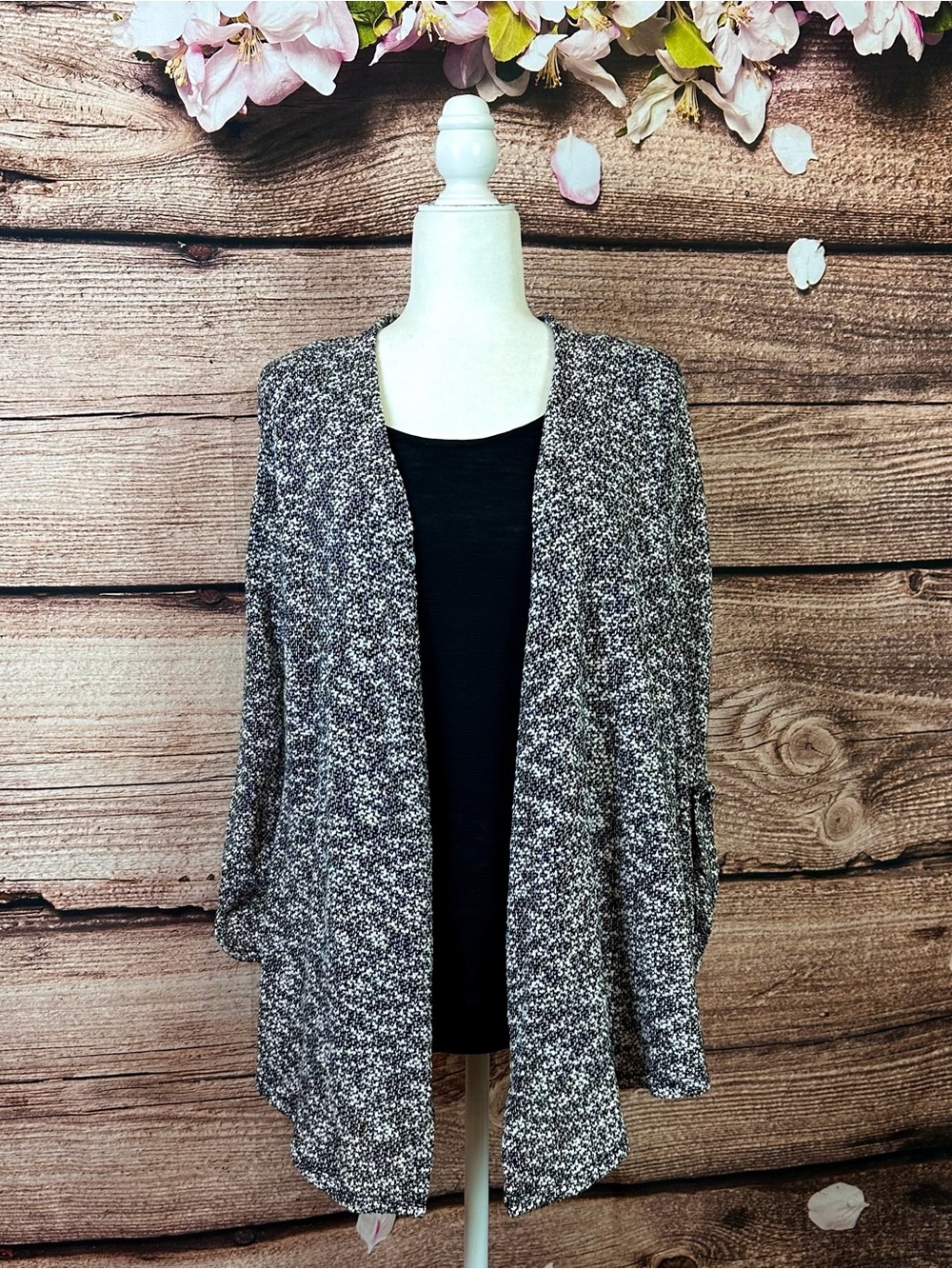 Notations Women’s Cotton Black Grey Rolled Sleeve Knit Open Cardigan Sweater